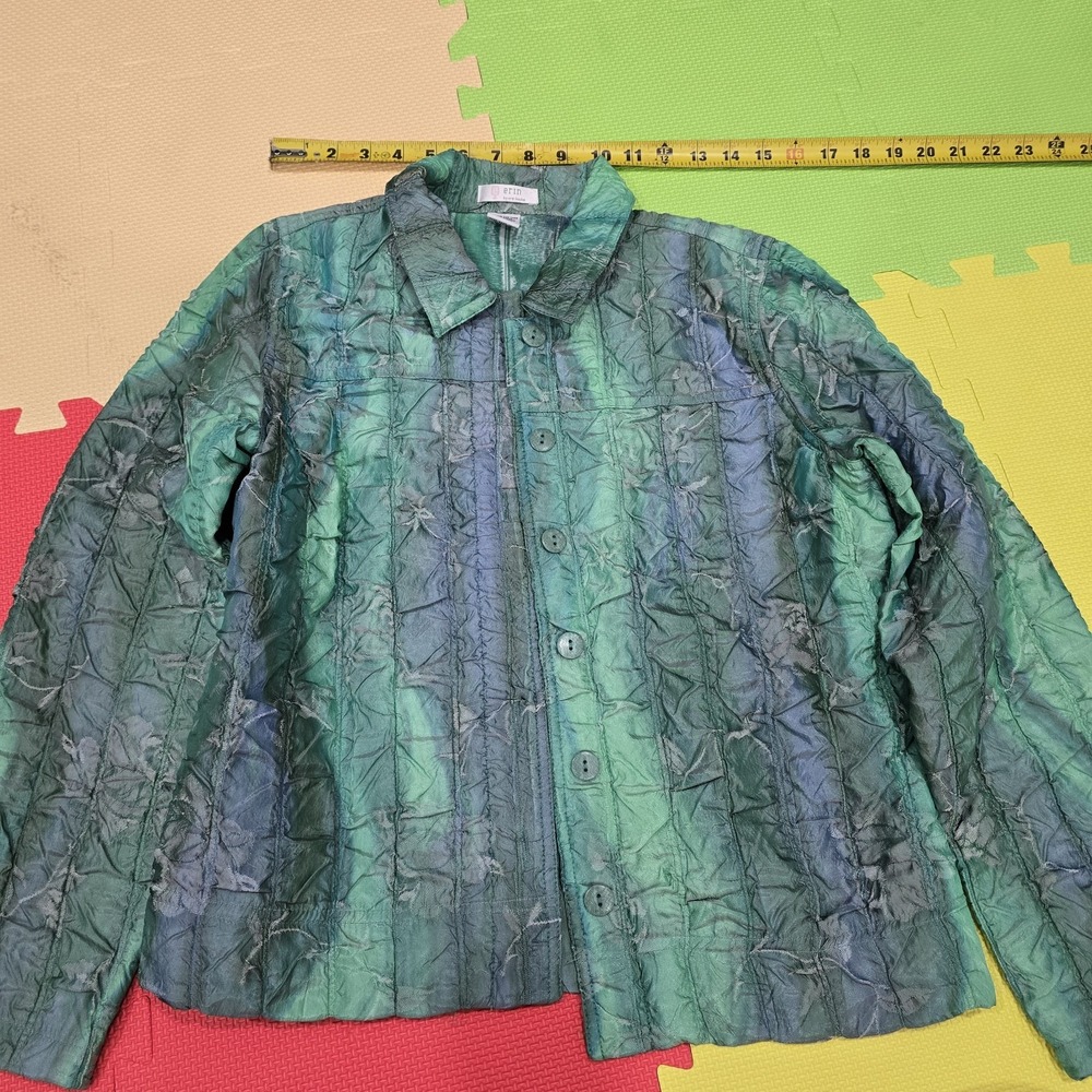 Vintage Erin by Erin London Jacket PM Petite Medium Blue Green Crinkled Textured